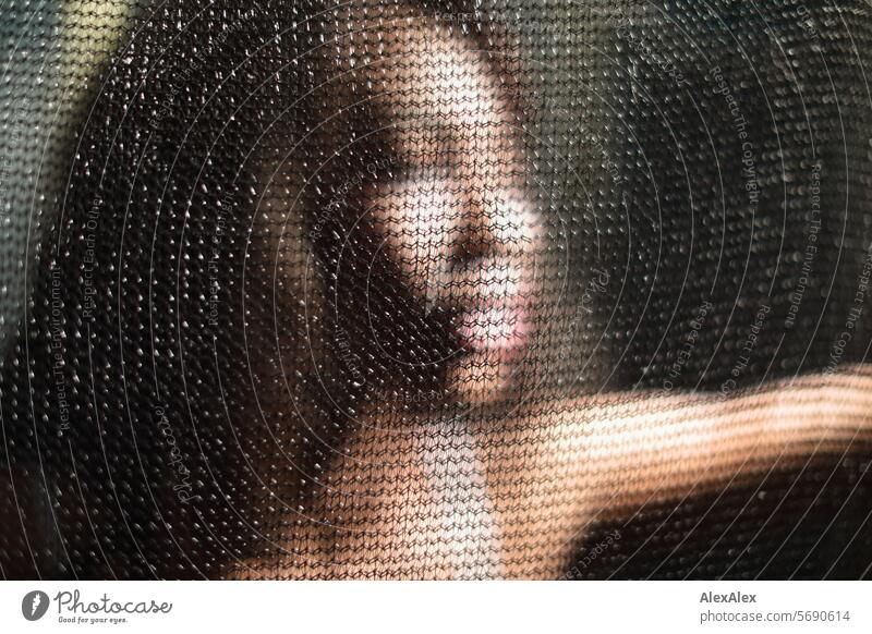 Junge, langhaarige Frau unscharf hinter transparentem Vorhang/Netz im Halbdunkel junge Frau schwarz Transparenz Erwachsene durchsichtig feminin Junge Frau