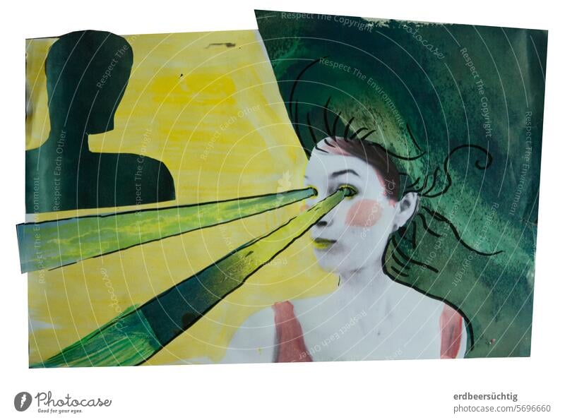 Laserblick! Collage mit weiblich gelesener Person. Sie blickt mit grünen Laserstrahlen-Augen vor abstraktem Hintergrund zum linken Bildrand mixed media