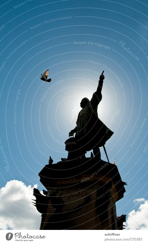 Punktsieg | mit Fingerzeig Bauwerk Sehenswürdigkeit Wahrzeichen Denkmal Tier Vogel Flügel 1 Zeichen blau Statue Columbus Taube Richtung richtungweisend