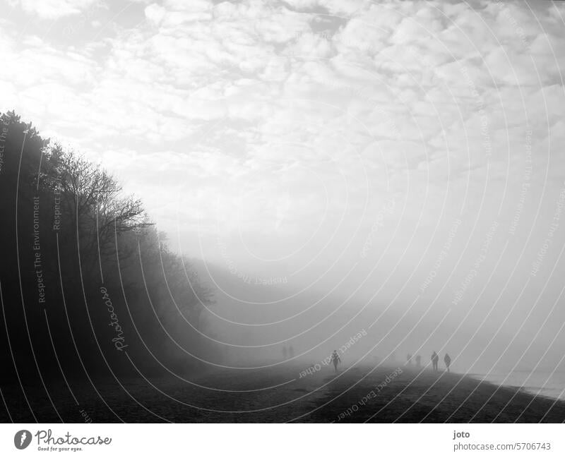 Menschen laufen durch den Nebel am Strand entlang Herbst herbstlich trüb Außenaufnahme Natur trist Oktober November Novemberwetter oktoberwetter Traurigkeit