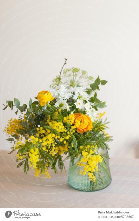 schöne minimale Bouquet mit gelben Mimosen Frühling Blumen. Frische elegante Wohnkultur. Florist Arbeit. Blumenstrauß Salon Vase Dekor heimwärts Blumenhändler