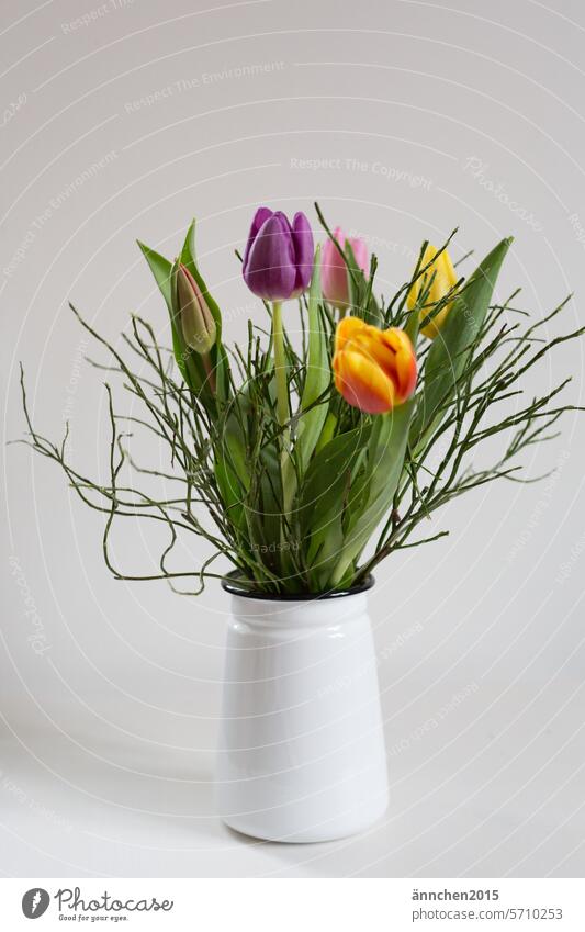 Ein bunter Strauß Tulpen in einer Vase steht auf einem Tisch vor einer weißen Wand Frühling Blume Blüte Tulpenblüte Blumenstrauß grün Dekoration & Verzierung