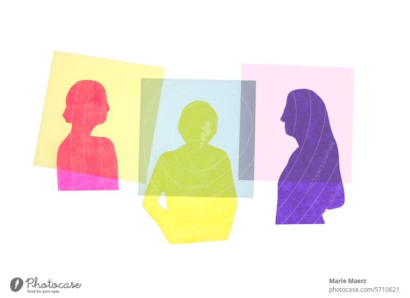 Drei Frauen als transparente Silhoutten Silhouetten drei Menschen abstrakt Papierschnitt Beziehung Grafik u. Illustration minimalistisch Hintergrund neutral