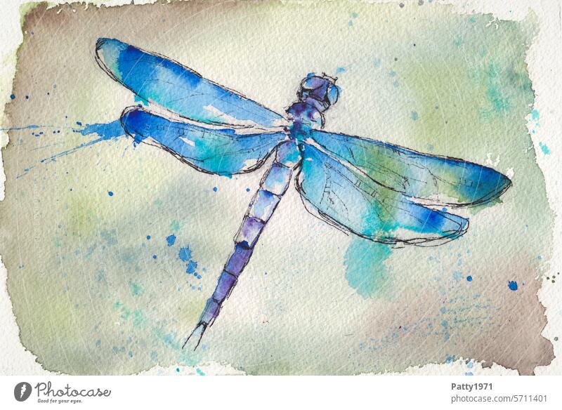 Libelle. Abstrakte Aquarell Malerei Wasserfarben Kunst Insekt Kreativität malen Freizeit & Hobby Farbe blau Farbspritzer