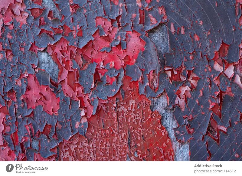 Makroaufnahme, die die detaillierte Textur von rissiger und abblätternder roter Farbe auf einer Metalloberfläche zeigt Foto geknackt angeblättert Oberfläche