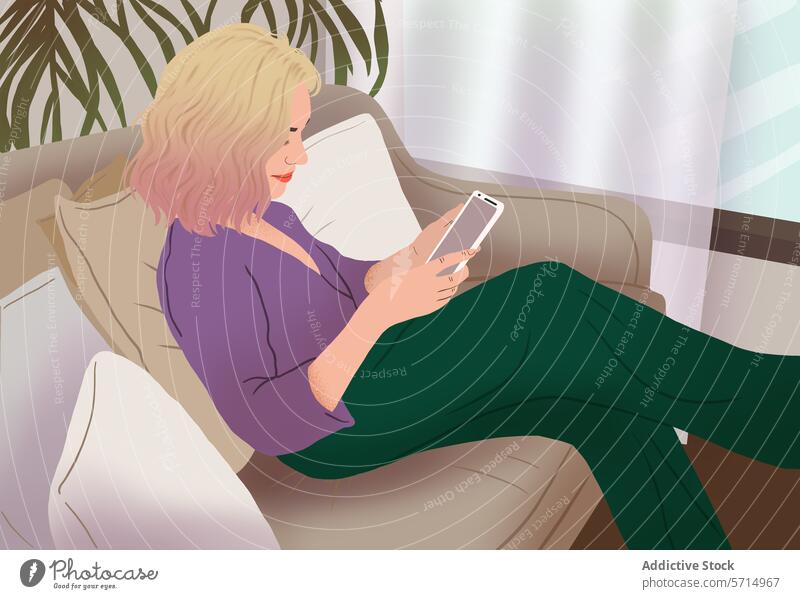 Frau entspannt auf Couch mit Smartphone Liege entspannend Sitzen Lifestyle im Innenbereich Freizeit Technik & Technologie digital Gerät Bildschirm Mobile