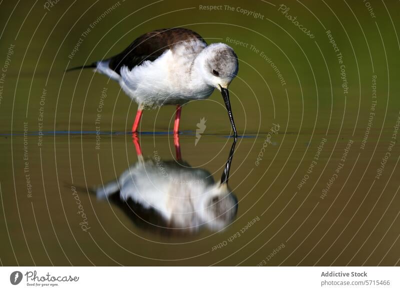 Stelzenläufer bei der Nahrungssuche in ruhigem Wasser mit einer klaren Reflexion seines Bildes unten Vogel Reflexion & Spiegelung Windstille Natur Tierwelt Bein