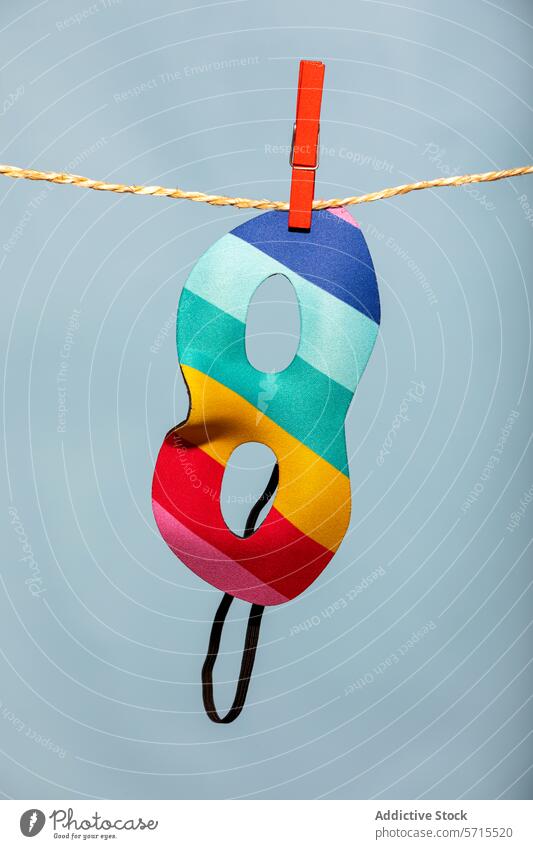 Generative AI-Illustration von bunten gestreiften Karneval Maske hängen auf einer Wäscheklammer und Seil vor einem hellblauen Hintergrund Mundschutz farbenfroh