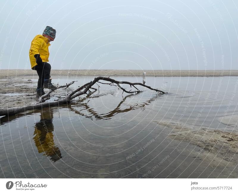 Kind spielt am Strand mit einem Ast an einem nebeligen Tag Herbst herbstlich herbstliche Stimmung grau düster trüb schlechtes Wetter Linien und Formen