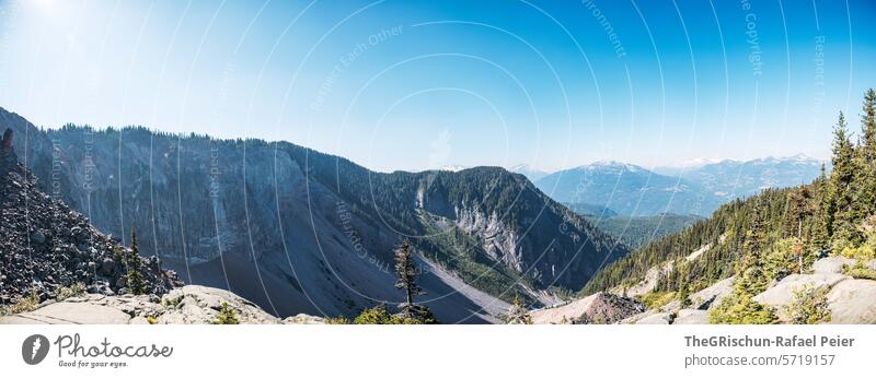 Sicht auf Gebirge und Wald Kanada Felsen Schlucht Berge u. Gebirge aussicht wandern Baum Panorama (Aussicht) Panorama (Bildformat) Blauer Himmel sonnig sichtig