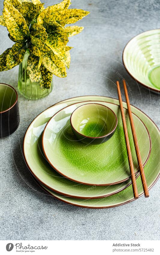 Elegantes grünes Keramikgeschirr und Essstäbchen auf strukturierter Oberfläche Tabelleneinstellung hell Abendessen Besteck Draufsicht von oben hölzern