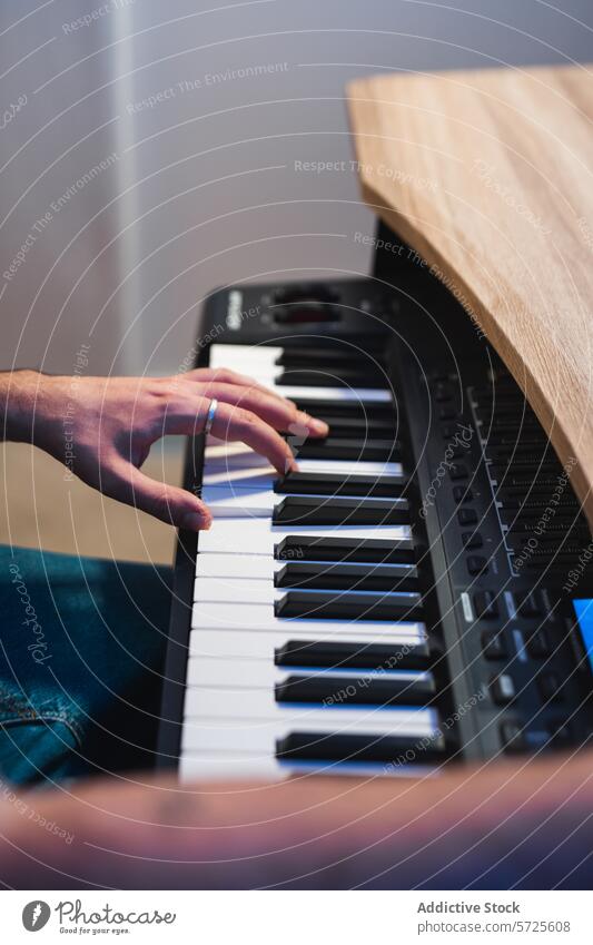 Musiker spielt ein Keyboard während einer Studiositzung Digitalpiano Atelier Klang Sitzung Spielen Hände Instrument elektronisch Kreativität künstlerisch
