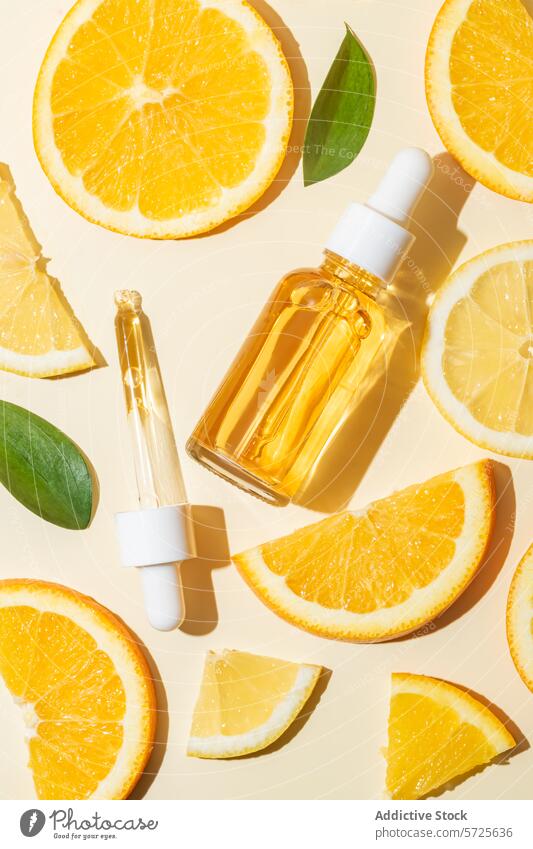 Ätherisches Zitrusöl mit frischen Orangenscheiben und -blättern Zitrusfrüchte ätherisches Öl Glasflasche Tropfer Blatt sonnig Hintergrund Aroma Aromatherapie