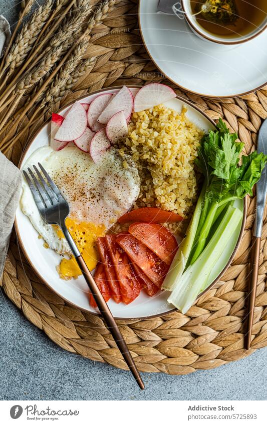 Frisches Bio-Lunch-Set mit Ei, Gemüse und Tee Mahlzeit Mittagessen Gesundheit organisch rötlich Tomate Sellerie Spiegelei bulgur Müsli Grüner Tee Ernährung