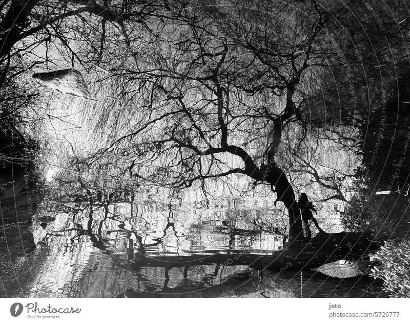 Spiegelung eines Baumes und einem Kind im Wasser Spiegelung im Wasser Herbst herbstlich herbstliche Stimmung Schwarzweißfoto Silhouette Schattenspiel