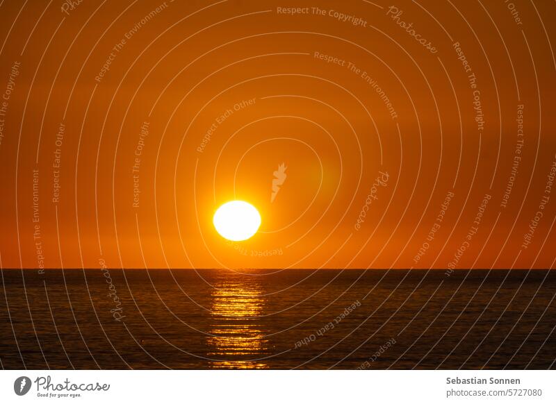 Heller Sonnenuntergang mit großer gelber Sonne auf orangem Himmel mit Meeresoberfläche darunter MEER Reflexion & Spiegelung Natur Sommer schön Landschaft Wasser