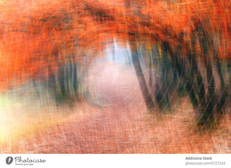 Abstraktes Bild, das einen Weg durch einen Wald mit einem dynamischen Pinselstrich-Effekt einfängt, der eine lebendige, strukturierte Szene von Cascadeño-Eichen im Herbst schafft