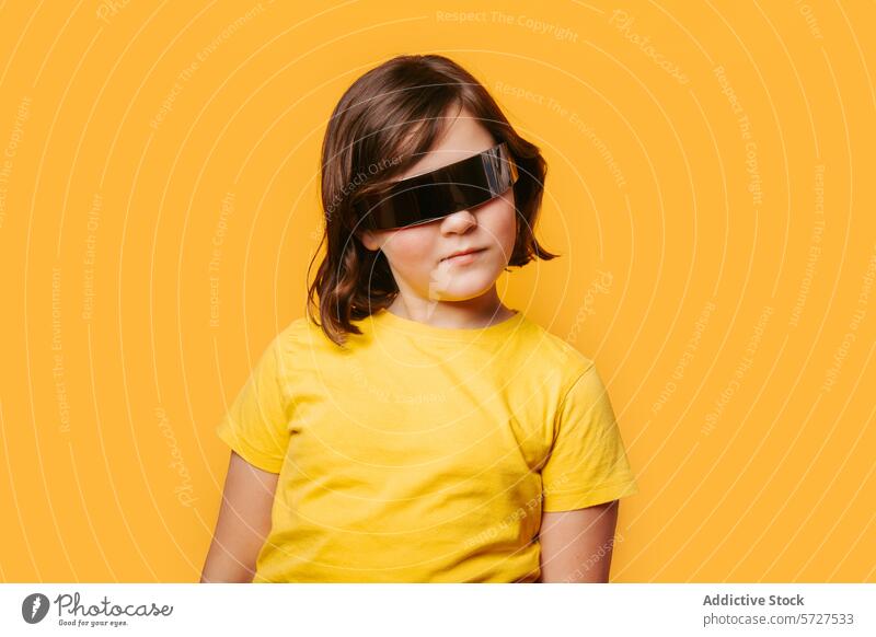 Cooles Kind mit futuristischer Sonnenbrille in Übergröße Mädchen gelbes Hemd oranger Hintergrund selbstbewusst Mode Stil überdimensioniert spielerisch modern
