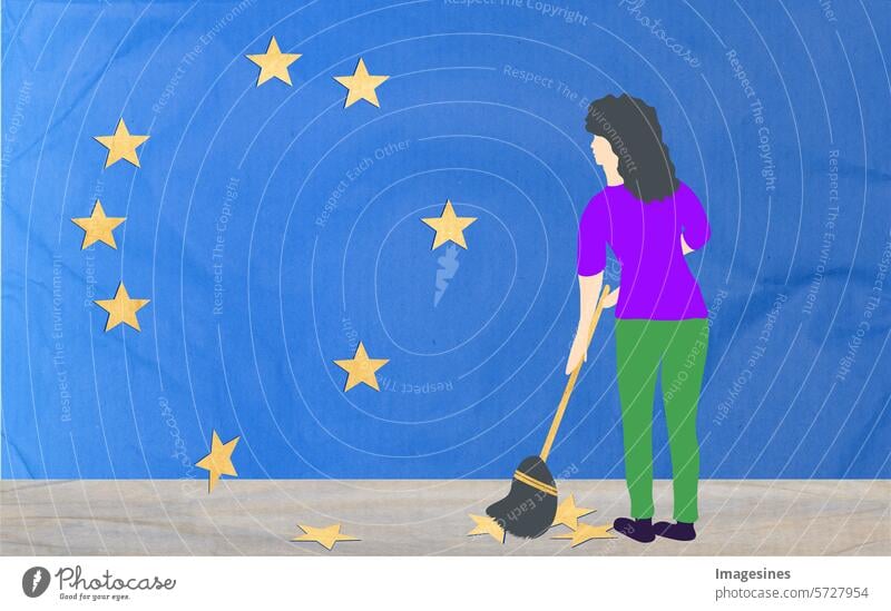 Eine Frau fegt gefallene Sterne der europäischen Flagge zusammen. Von der EU-Flagge sind Sterne gefallen. fegen europäische Flagge 2024 abstrakt Hintergründe