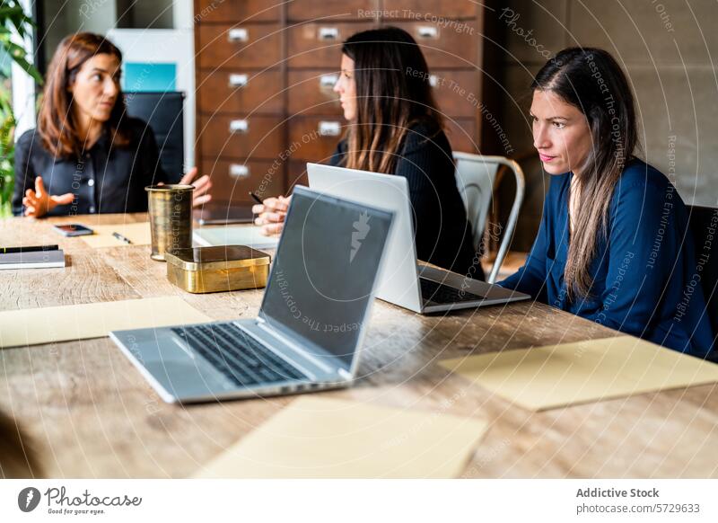 Weibliche Fachkräfte bei einer gemeinsamen Sitzung am Arbeitsplatz Frau Frauen professionell Kollege Besprechung hölzern Tisch Laptop Teamwork Unternehmen