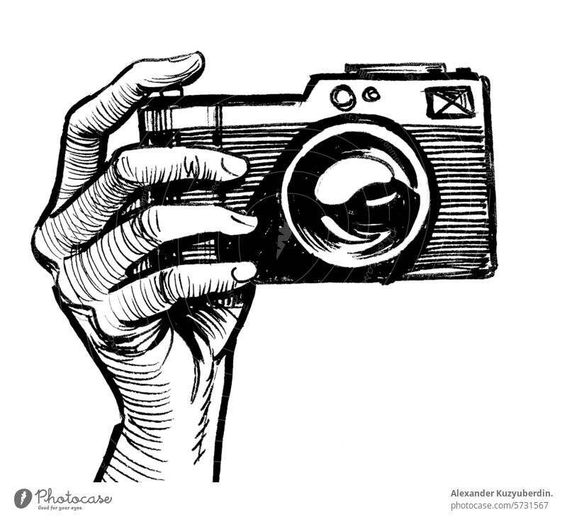 Hand hält alte Kamera Fotokamera Fotografie Beteiligung retro altehrwürdig Kunst Kunstwerk Zeichnung Skizze Tusche schwarz auf weiß Grafik u. Illustration