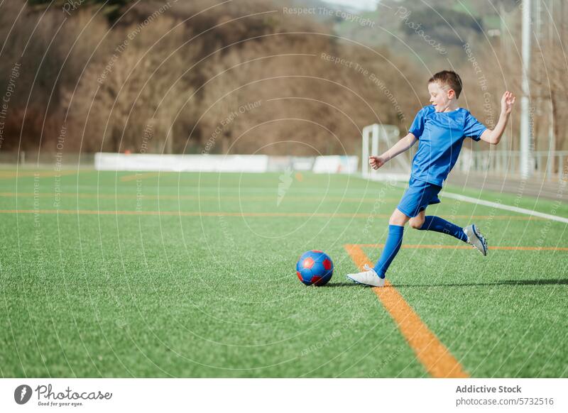 Jugendfußballer in Aktion an einem sonnigen Tag Fußball Spieler jung Junge blau Uniform aktiv spielen rennen Ball grün Feld Sport im Freien physisch Aktivität