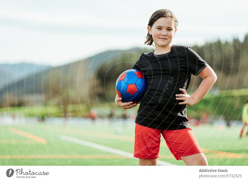 Junger Fußballspieler posiert mit Ball auf dem Feld Kind Mädchen Sport jung Athlet Sportbekleidung Selbstvertrauen im Freien Aktivität Gesundheit Lifestyle
