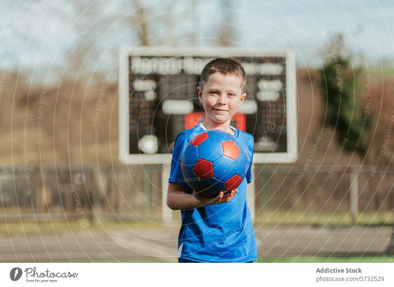 Selbstbewusster junger Fußballer hält einen Ball Junge Sport Lächeln selbstbewusst Feld blau Trikot Beteiligung stolz Spieler Anzeigetafel Hintergrund im Freien