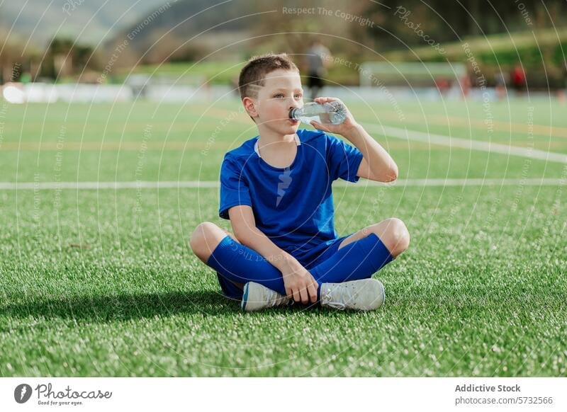 Junge Fußballspieler trinkt in der Pause Spieler Hydratisierung Wasser Sitzen Rasen Feld Sport blau Uniform trinken ruhen jung Athlet Gesundheit Hydratation