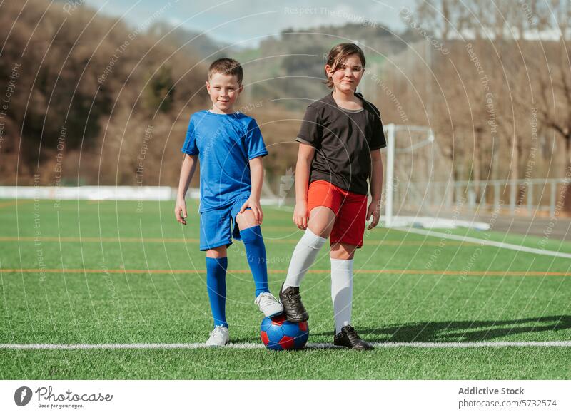 Junge Fußballspieler stehen auf dem Feld und sind bereit zu spielen Mädchen Kind Spieler Sport Ball jung sportlich Team Jugend im Freien Aktivität Fitness