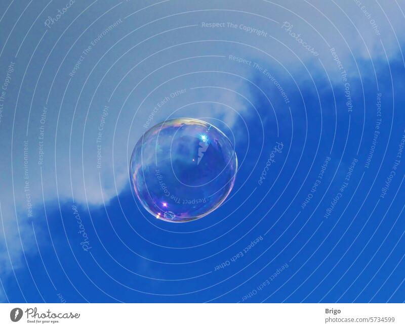 Eine Seifenblase im blauem Himmel seifenblase Freude blasen Luft Schweben leicht Spielen Blase fliegen durchsichtig Leichtigkeit luftig träumen Kindheit