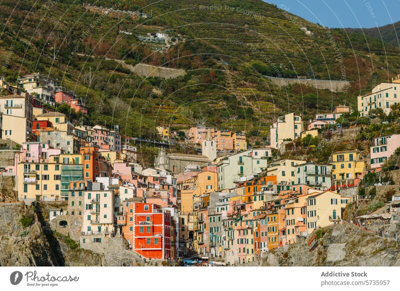 Europäisches Dorf in Hanglage mit bunten Häusern Hügelseite farbenfroh Haus Europa malerisch Blauer Himmel übersichtlich Gebäude Architektur urban Landschaft