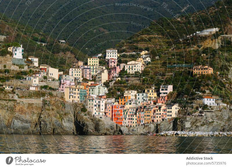 Farbenfrohe Häuser in den Hügeln am Meer in Cinque Terre Hügelseite Haus MEER Italien Architektur farbenfroh pulsierend Küstenstreifen Dorf mediterran Gebäude