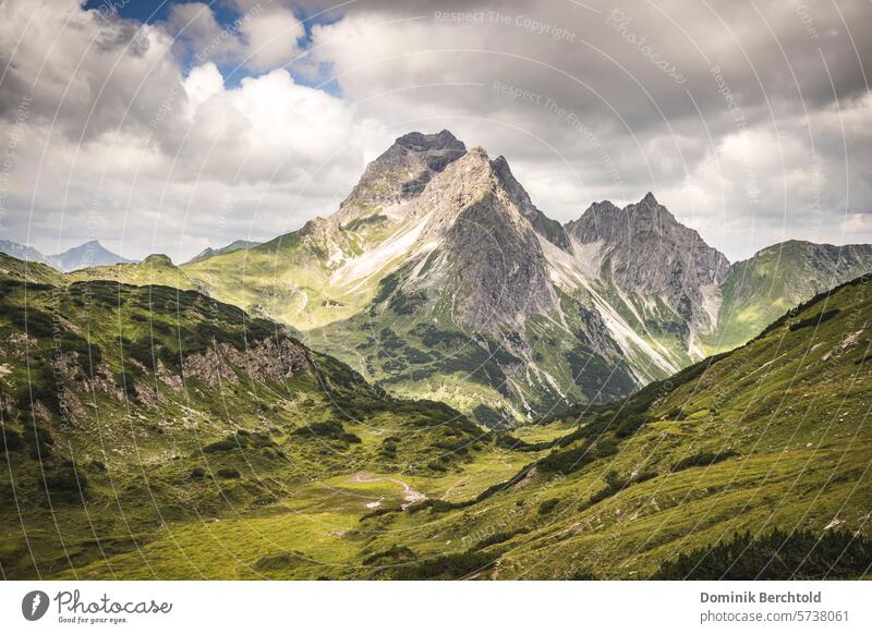 Blick vom Sterzersee im Kleinwalsertal auf den Großen und kleinen Widderstein und dem Bärenkopf. Berg Berge Hochalpen Alpen Sommer Bergpanorama