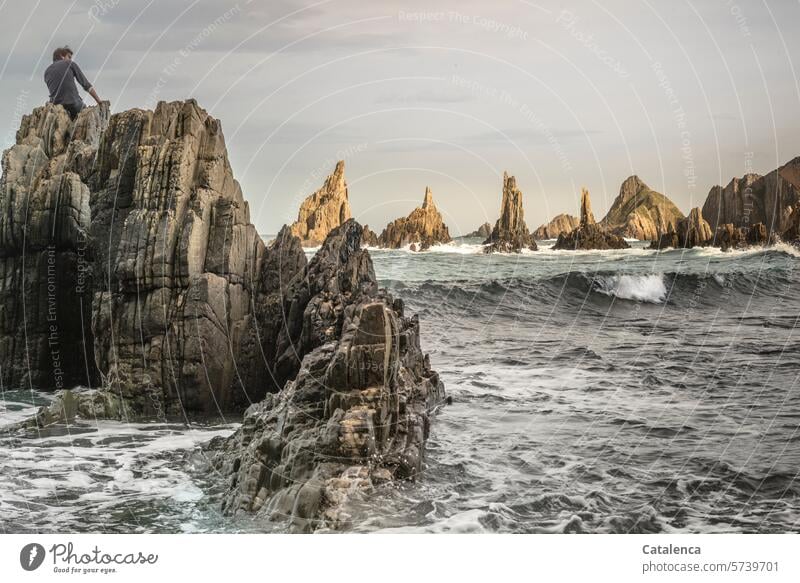 Klippenreiter Felsformation Felsen Steine Strand Wellen Gischt Brandung Schaum Gezeiten Strandlandschaft Meer Wellengang Küste Urelemente Wasser Natur wild