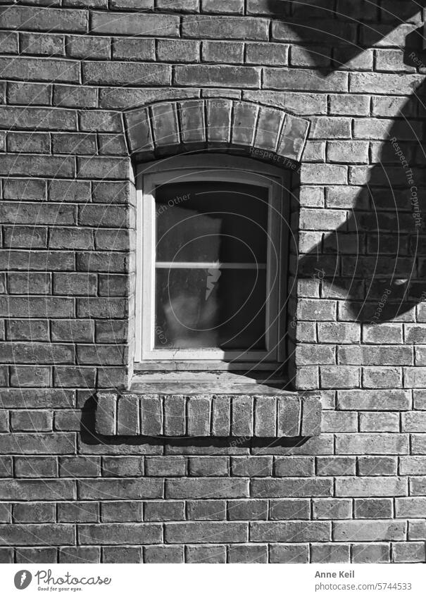 Backsteinwand mit Fenster Schwarzweißfoto dunkel Architektur Menschenleer Wand Außenaufnahme Fassade Backsteinfassade Gebäude alt Stein Muster