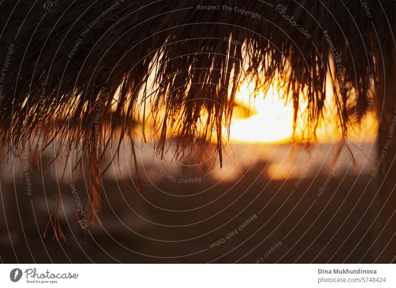 Sonnenuntergang am Strand durch Juteschirm Sommer Hintergrund Sonnenaufgang Meer Ferien & Urlaub & Reisen Sommerurlaub Sonnenlicht Wellen Farbfoto Küste