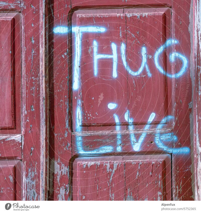 Gangster Leben Graffiti Tür Schriftzeichen Verbrecher Zeichen Buchstaben Wort Wand Text Fassade Mauer Menschenleer Typographie Jugendkultur Schmiererei