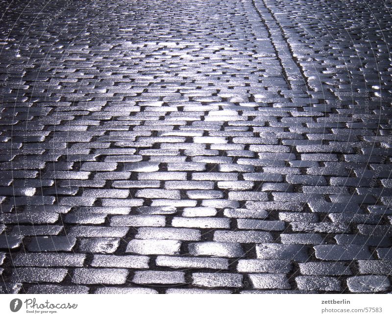 Erste Sonne Kopfsteinpflaster Dorfstraße Holperstraße Gasse Gegenlicht glänzend Stein Straße reflektion