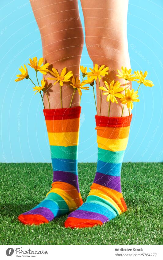 Kräftige Frühlingsfarben mit Regenbogensocken und Gänseblümchen abgeschnitten unkenntlich Subjekt farbenfroh Socken Margeriten Gras pulsierend heiter Schwingung