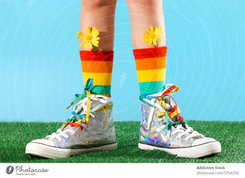 Lebendiges Frühlingsschuhwerk und Regenbogensocken auf Gras Person Schuhe Turnschuh Kniestrümpfe Streifen Farbe pulsierend hell künstlich flippig Mode Stil