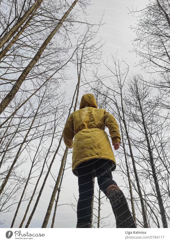 Frau Vor dunklem Hintergrund Bäume Wald rennen kalt Herbst fallen bedrohlich dunkel