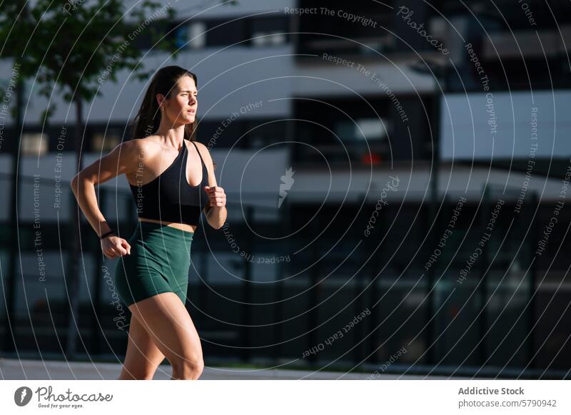 Sportliche Frau beim Joggen in städtischer Umgebung Fitness sportlich urban Gebäude Gesundheit Lifestyle Übung im Freien Läufer aktiv Wellness Großstadt