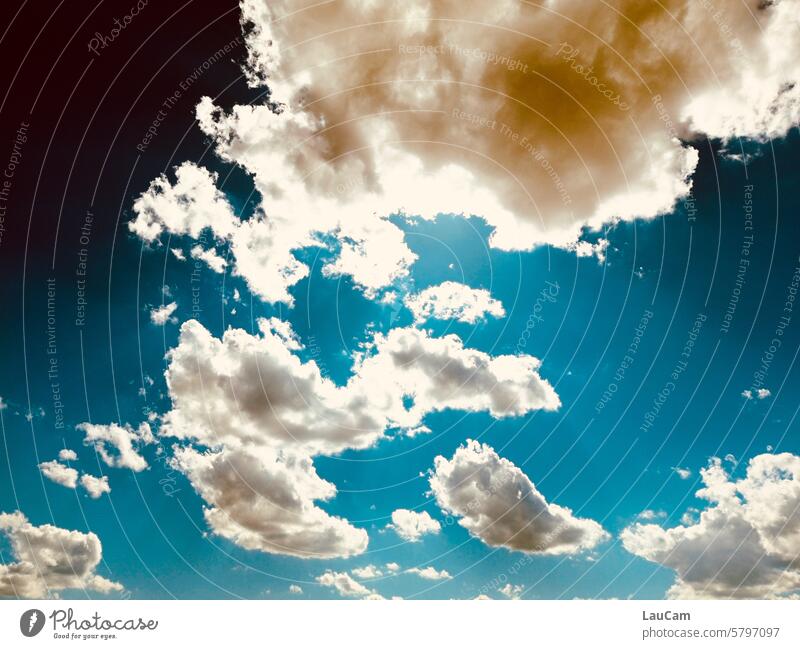 Himmel voller Wolken blauer Himmel Wolkenformation weiß blauweiß am Tag schönes Wetter Wolkenhimmel Sonnenlicht Wolkenbild Wolkendecke strahlend durchatmen