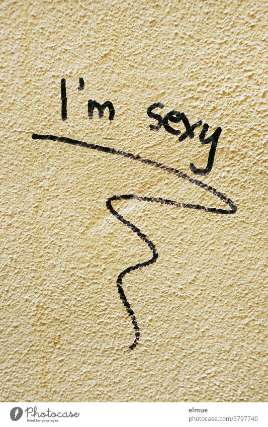 I'm sexy steht in schwarz an einer beigefarbenen Wand i'm sexy Graffiti Schmiererei Design Selbstüberschätzung Einschätzung sich gut fühlen sexy sein anziehend