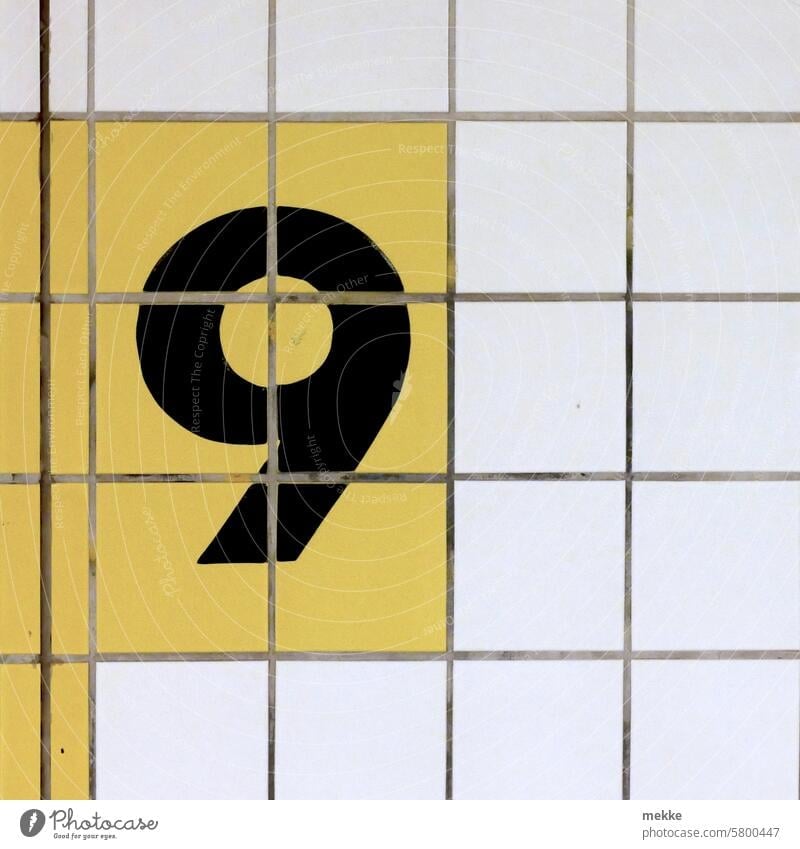 Heutiges Kalenderblatt Zahl Ziffern & Zahlen Nummer Schilder & Markierungen zählen Fassade Wand Zeichen Hausnummer Mauer Schriftzeichen weiß Neun 9 gelb