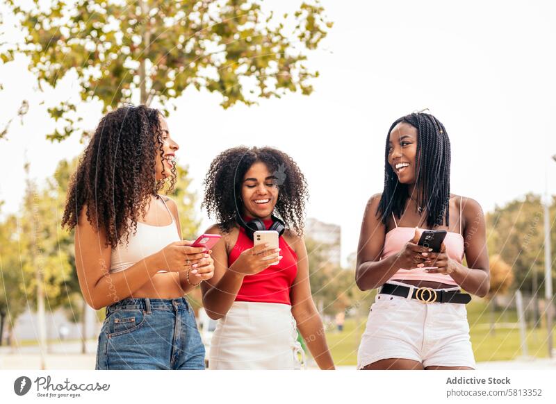 Afroamerikanische Freunde genießen den Sommer gemeinsam und nutzen das Smartphone Afroamerikaner Vielfalt Jugend Anschluss Mitteilung Freude lachen Fröhlichkeit