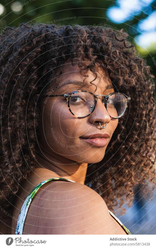 Fröhliche afroamerikanische Frau schaut in die Kamera im Park Lächeln Sommer Stil Glück krause Haare Brille heiter schwarz Afroamerikaner ethnisch Freude modern