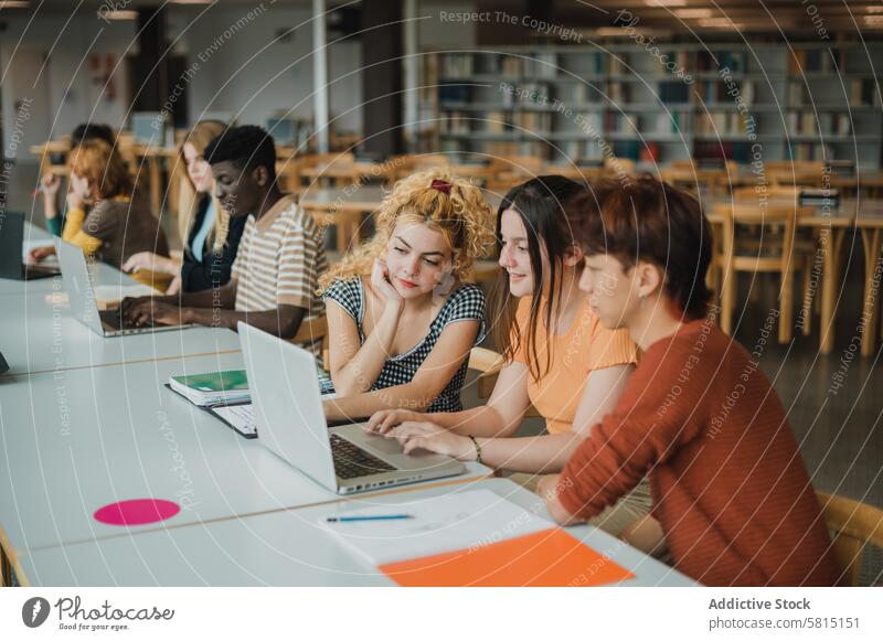 Multirassische junge Studenten nutzen Netbooks in der Bibliothek Schüler benutzend Laptop Zusammensein forschen Fokus zusammenarbeiten Universität Projekt