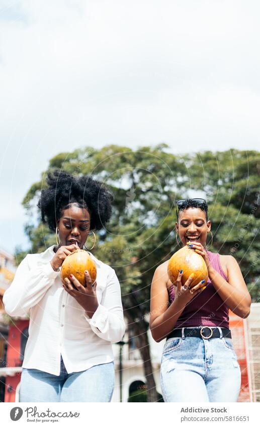 Lateinamerikanische Frauen, die sich in der Stadt amüsieren und Kokosnüsse trinken Glück jung Sommer im Freien Menschen Freizeit Lifestyle freudig Freude